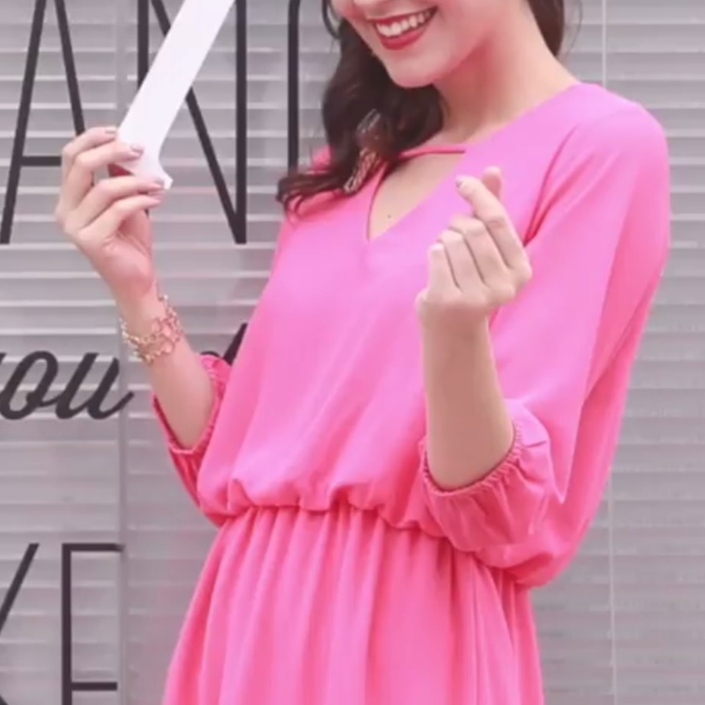 Hot Pink V Neck 3/4 Sleeve Knee High Chiffon Dress - Picture 4 of 8